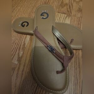 G By Guess Light Pink/Tan Thong Sandals with Logo Charm